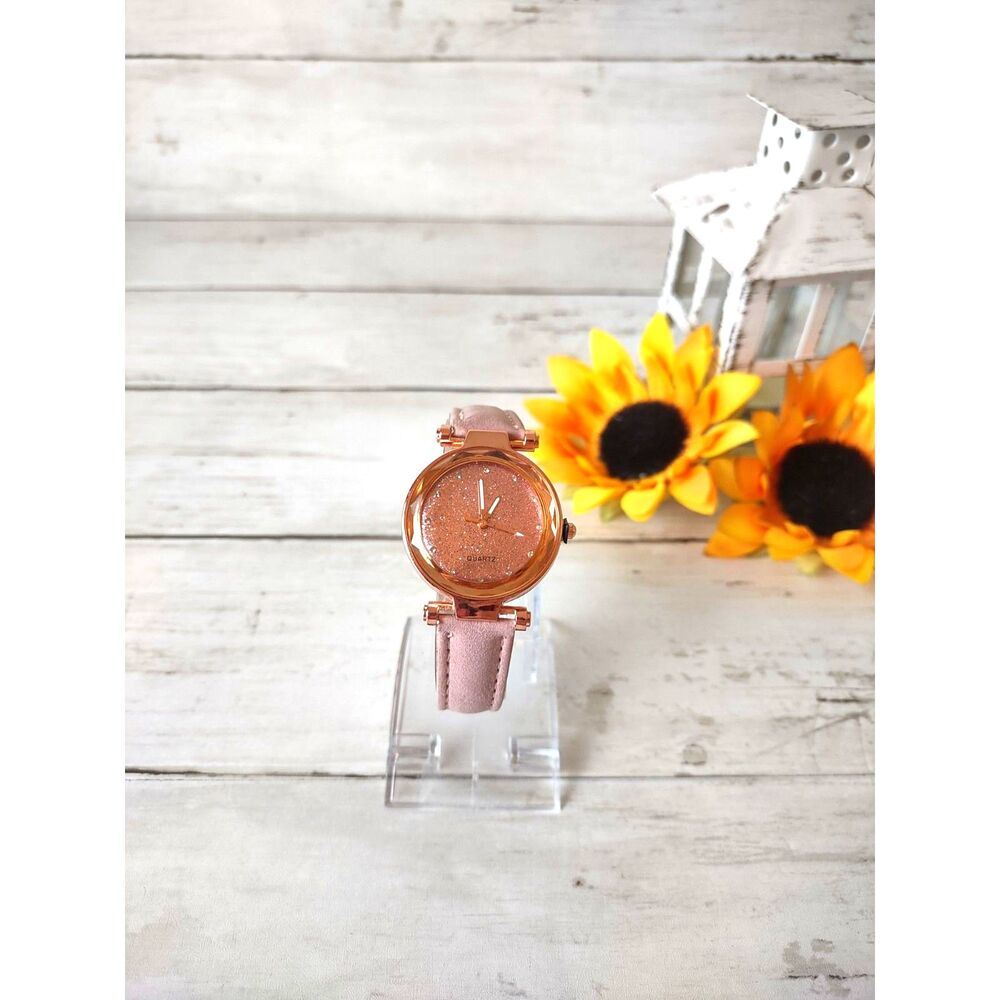 Pink Glitter Face Watch w/Pink Faux Suede Band Quartz Rose Gold Tone NEW